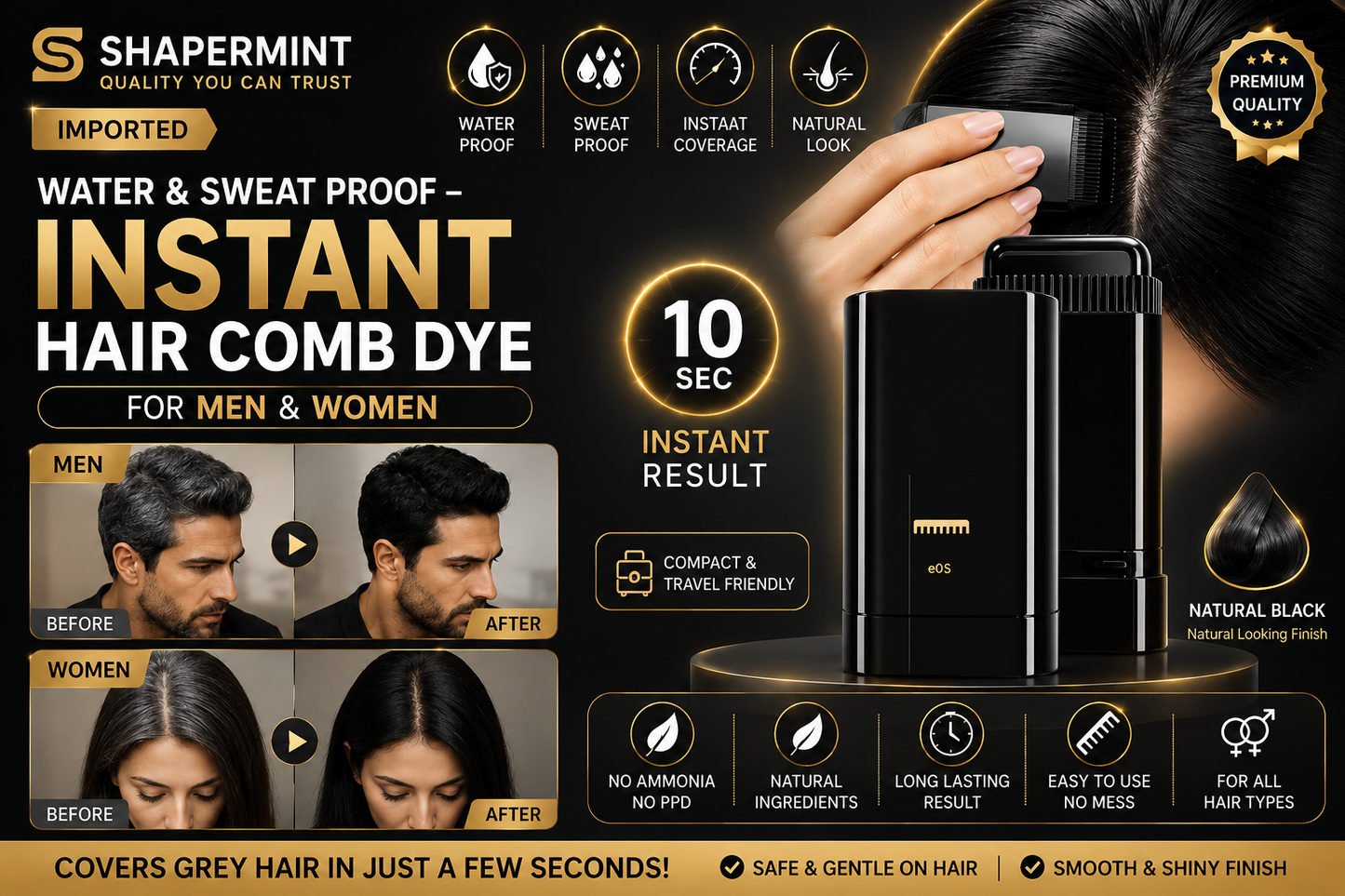Imported Water & Sweat Proof – Instant Hair Comb Dye